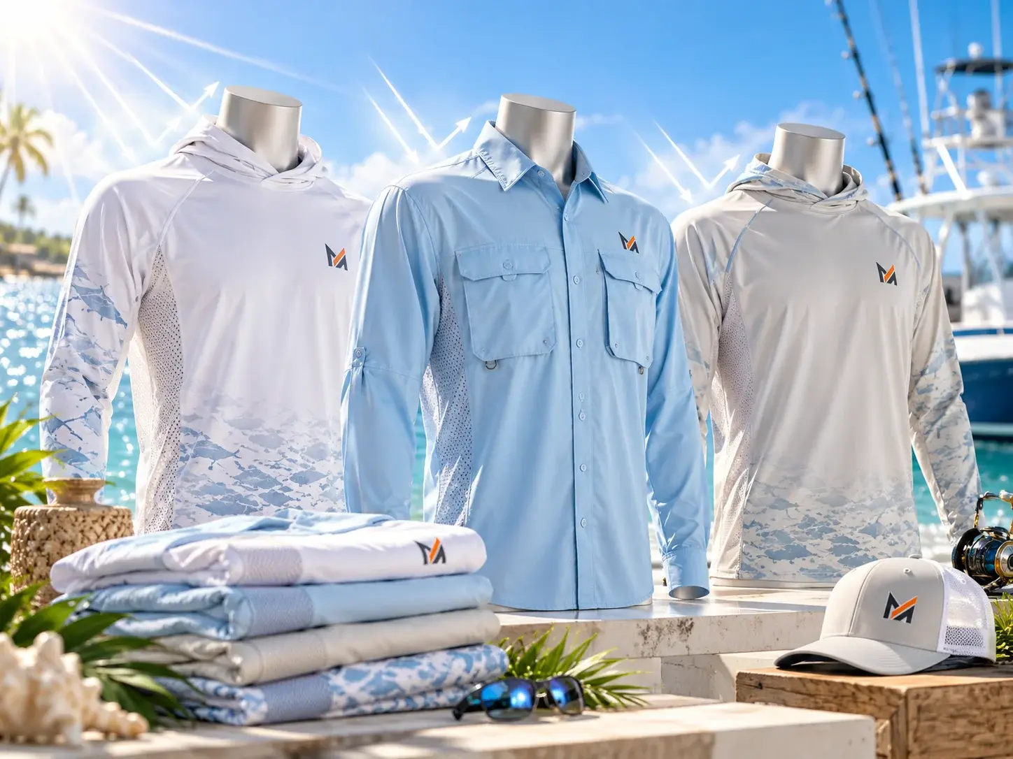 Light-colored custom fishing shirts displayed on mannequins in white, light blue, and pale grey tones, with Mega Apparel logos, bright sunlight, marina scenery, and fishing accessories highlighting a cool, sun-ready performance look.